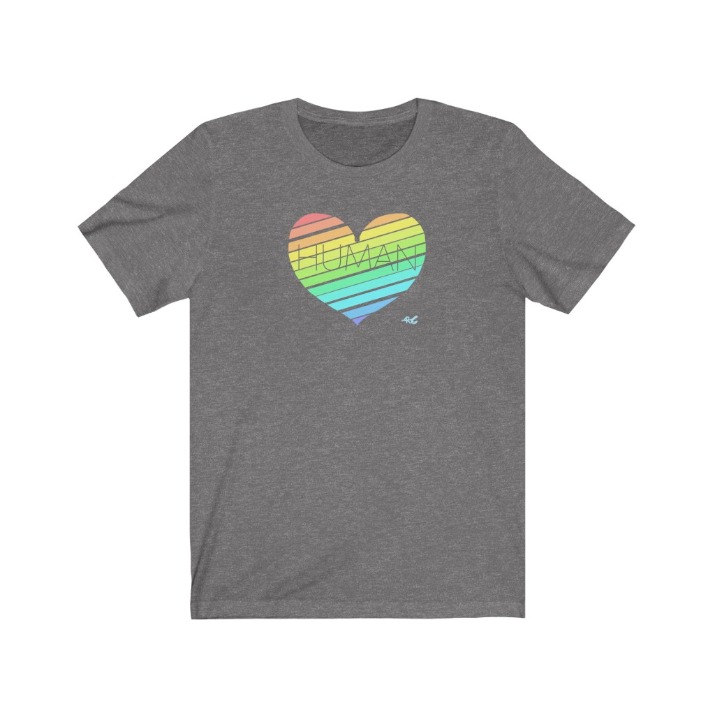 Human Rainbow Heart T-Shirt | LGBTQ+ Rainbow T-Shirt Gift, Pride Shirt, Love is Love, LGBT Gift Lesbian Gay Bisexual Trans Queer BIPOC Human Rights Rainbow Gift, Soft black blue green - Image 2