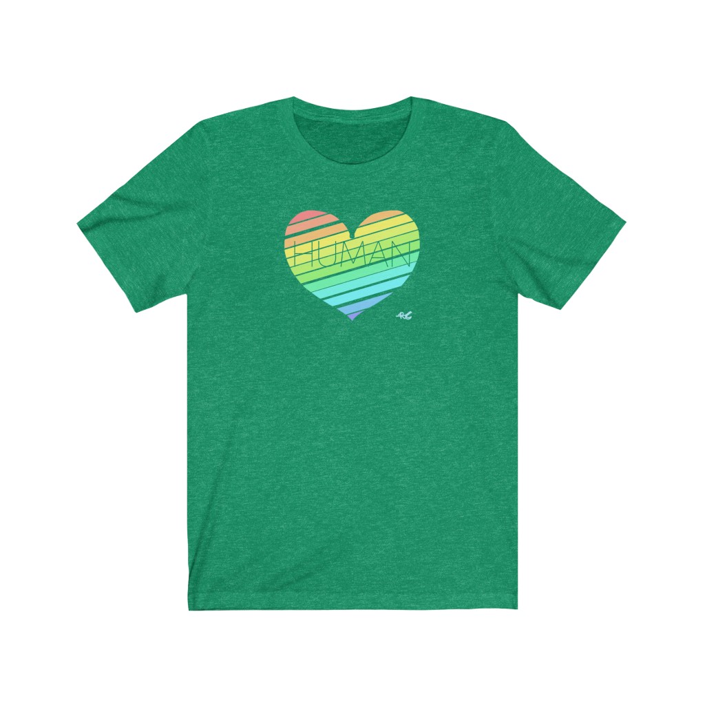 Human Rainbow Heart T-Shirt | LGBTQ+ Rainbow T-Shirt Gift, Pride Shirt, Love is Love, LGBT Gift Lesbian Gay Bisexual Trans Queer BIPOC Human Rights Rainbow Gift, Soft black blue green - Image 5