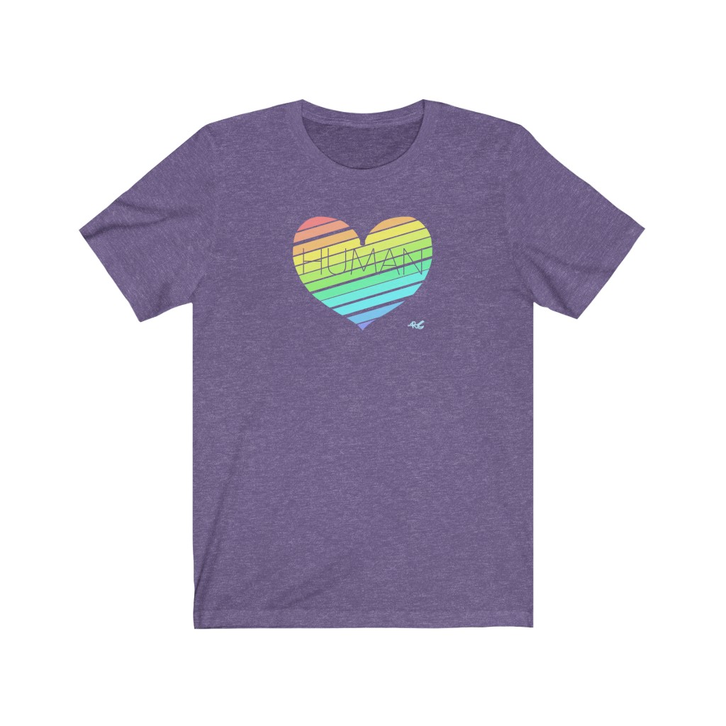 Human Rainbow Heart T-Shirt | LGBTQ+ Rainbow T-Shirt Gift, Pride Shirt, Love is Love, LGBT Gift Lesbian Gay Bisexual Trans Queer BIPOC Human Rights Rainbow Gift, Soft black blue green