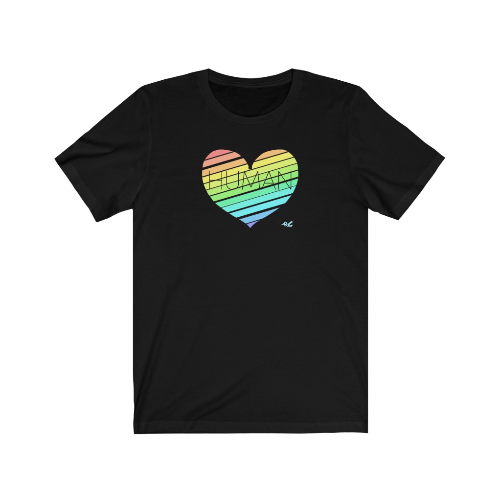 Human Rainbow Heart T-Shirt | LGBTQ+ Rainbow T-Shirt Gift, Pride Shirt, Love is Love, LGBT Gift Lesbian Gay Bisexual Trans Queer BIPOC Human Rights Rainbow Gift, Soft black blue green - Image 3