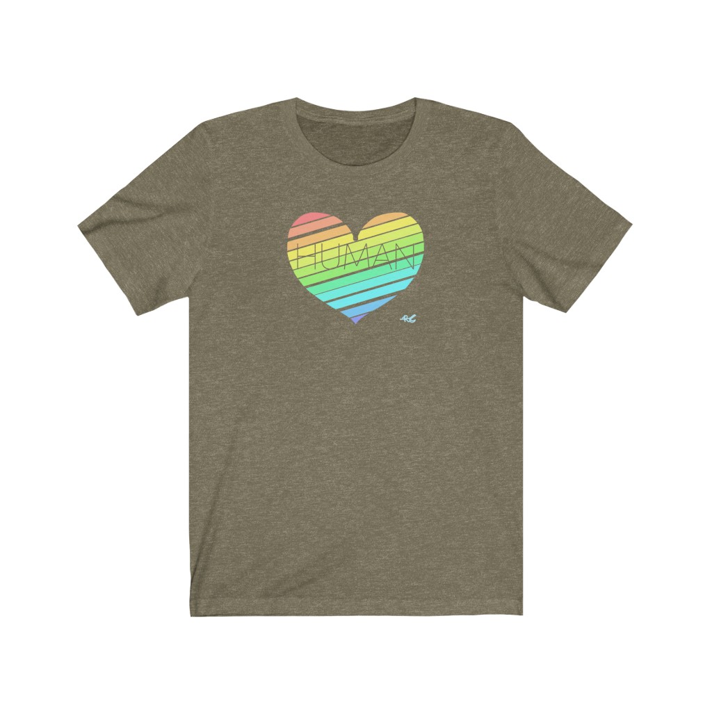 Human Rainbow Heart T-Shirt | LGBTQ+ Rainbow T-Shirt Gift, Pride Shirt, Love is Love, LGBT Gift Lesbian Gay Bisexual Trans Queer BIPOC Human Rights Rainbow Gift, Soft black blue green - Image 4